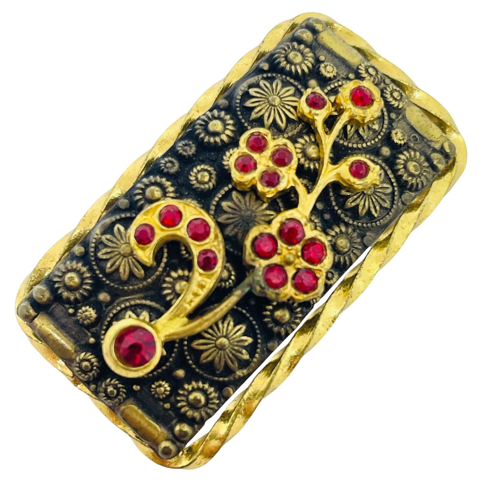 Vintage Czecho Signed Gold Plated Ruby Rhinestones Brooch